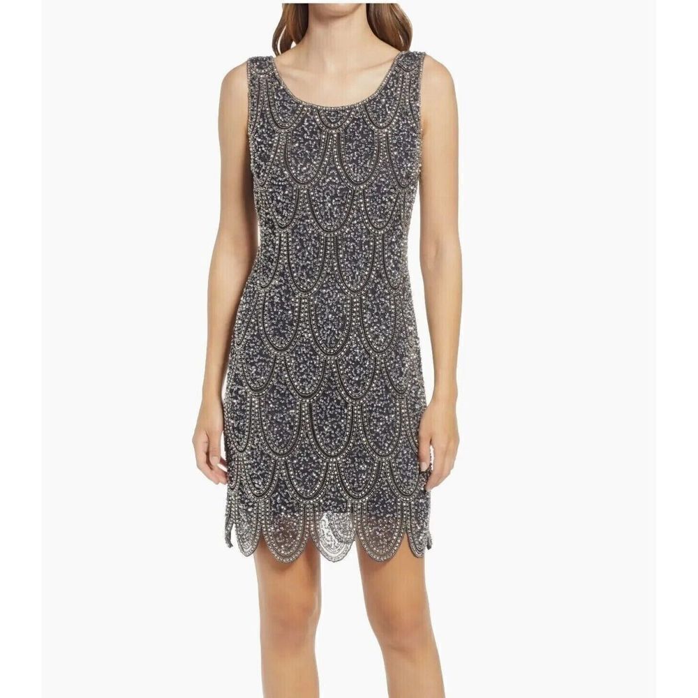 Pizarro‎ Nights Dress Size 4 Gray Metallic Carbon Beaded Sequins Cocktail Mini